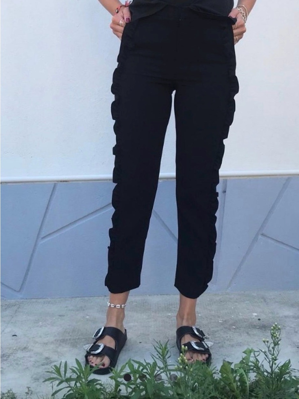 Amaryllis Black Ankle Pants with Side Ruffle Detail